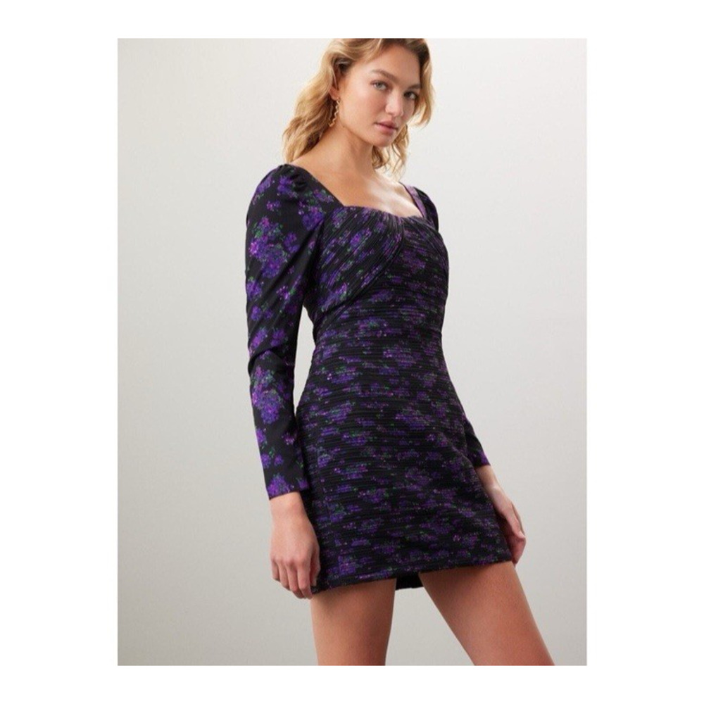 Amur Giulia Black Purple Pleated Floral Print Long Sleeve Mini Dress Size 0